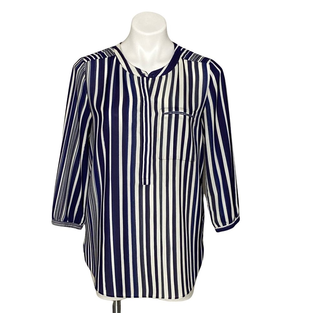 NYDJ Tunic, Blue White Stripes Henley Pleat Back Top, Polyester, Size M